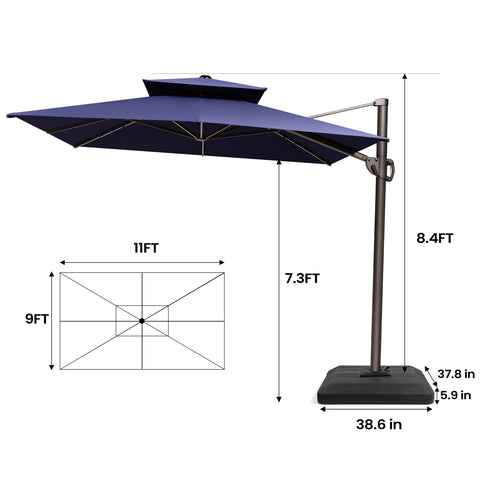 Pellebant 9x11ft Aluminum Double Top Crank Cantilever Patio Umbrella with Base