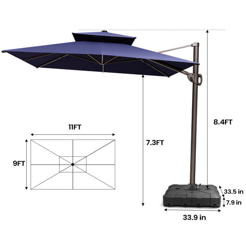 Pellebant 9x11ft Aluminum Dual Top Crank Cantilever Patio Umbrella with Base