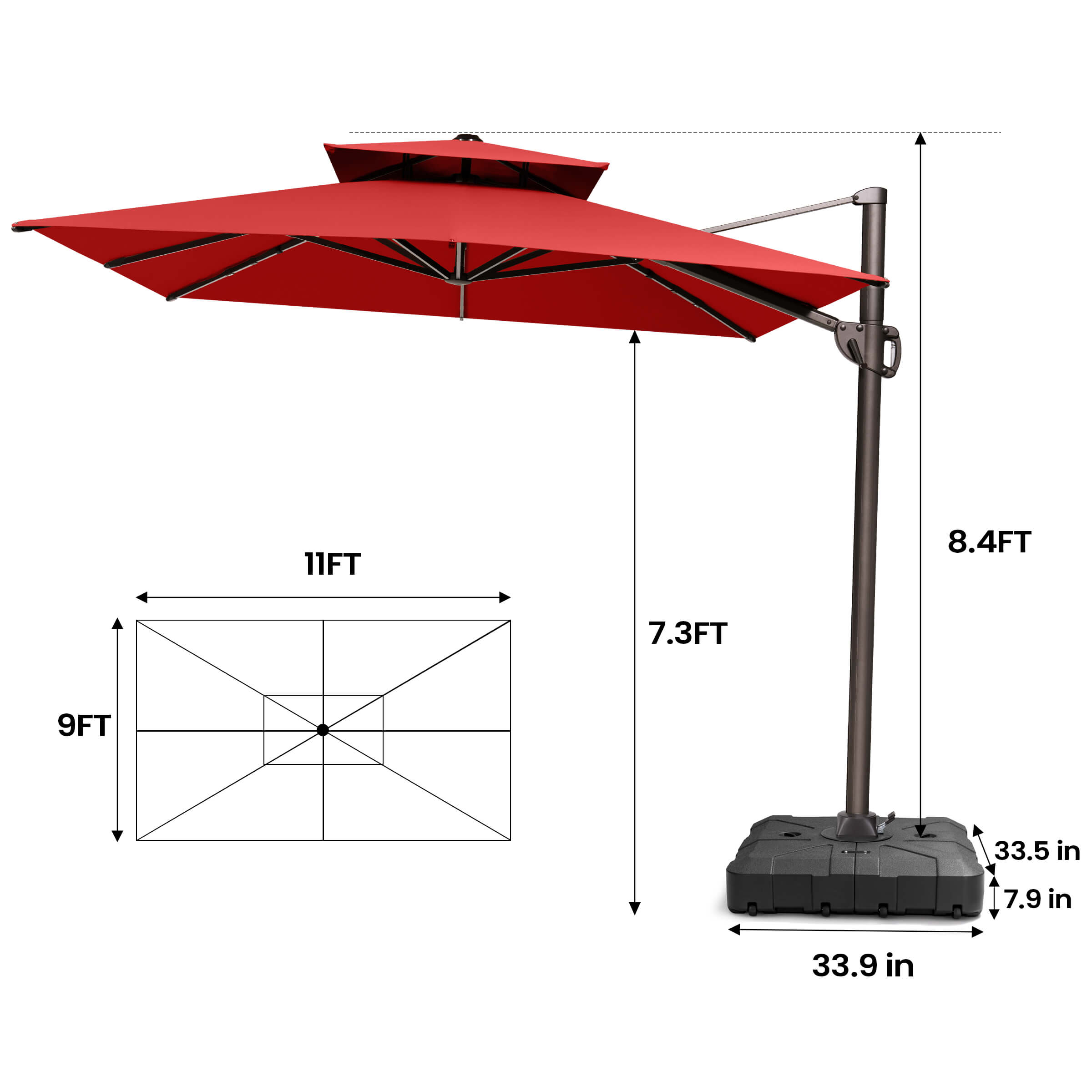 Pellebant 11x9ft Aluminum Double Top Crank Cantilever Patio Umbrella