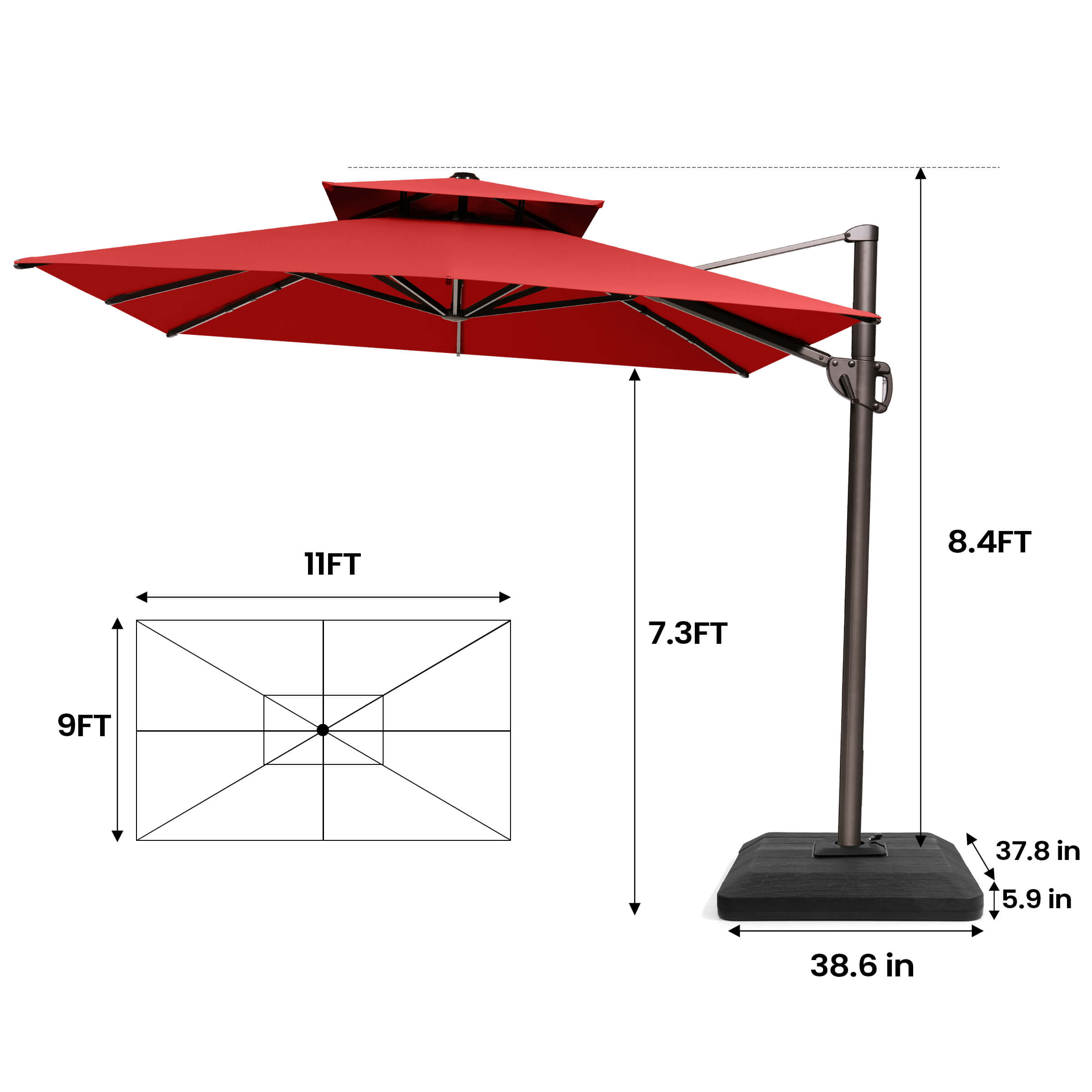 Pellebant 11x9ft Aluminum Double Top Crank Cantilever Patio Umbrella