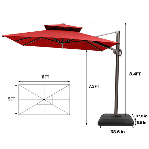 11 x 9 ft. Aluminum Double Top Cantilever Patio Umbrella with Base Options