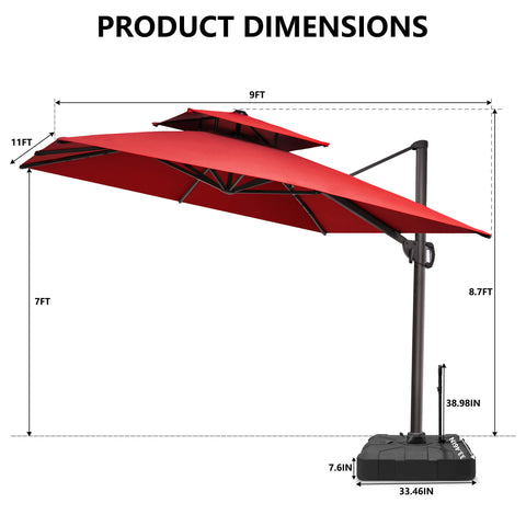 11 x 9 ft. Aluminum Double Top Cantilever Patio Umbrella with Base Options