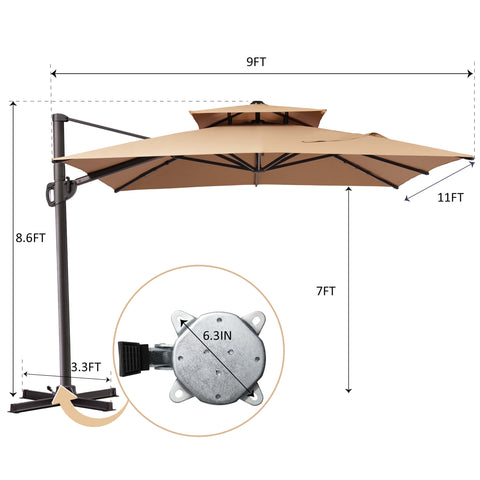 11 x 9 ft. Aluminum Double Top Cantilever Patio Umbrella with Base Options
