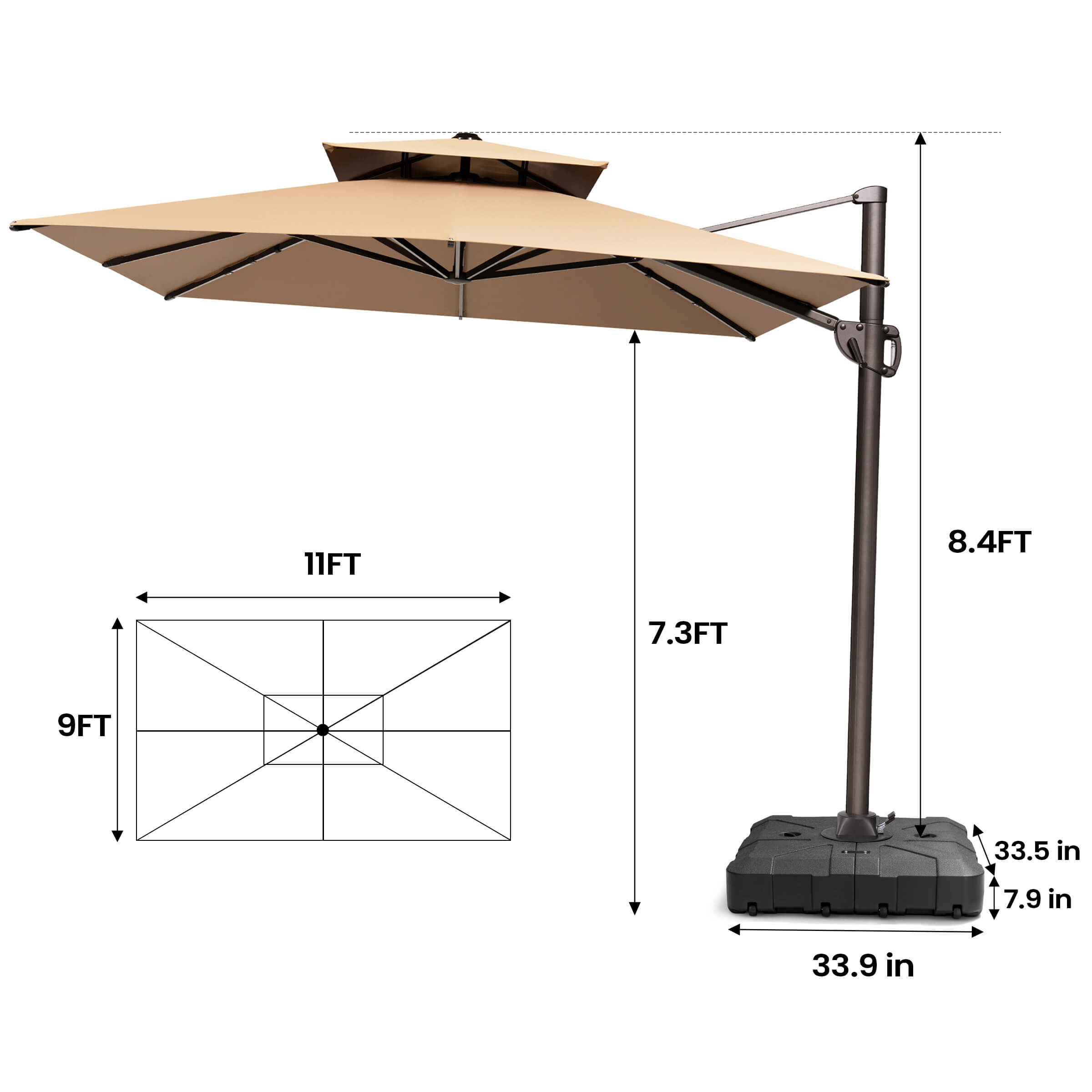 Pellebant 11x9ft Aluminum Double Top Crank Cantilever Patio Umbrella