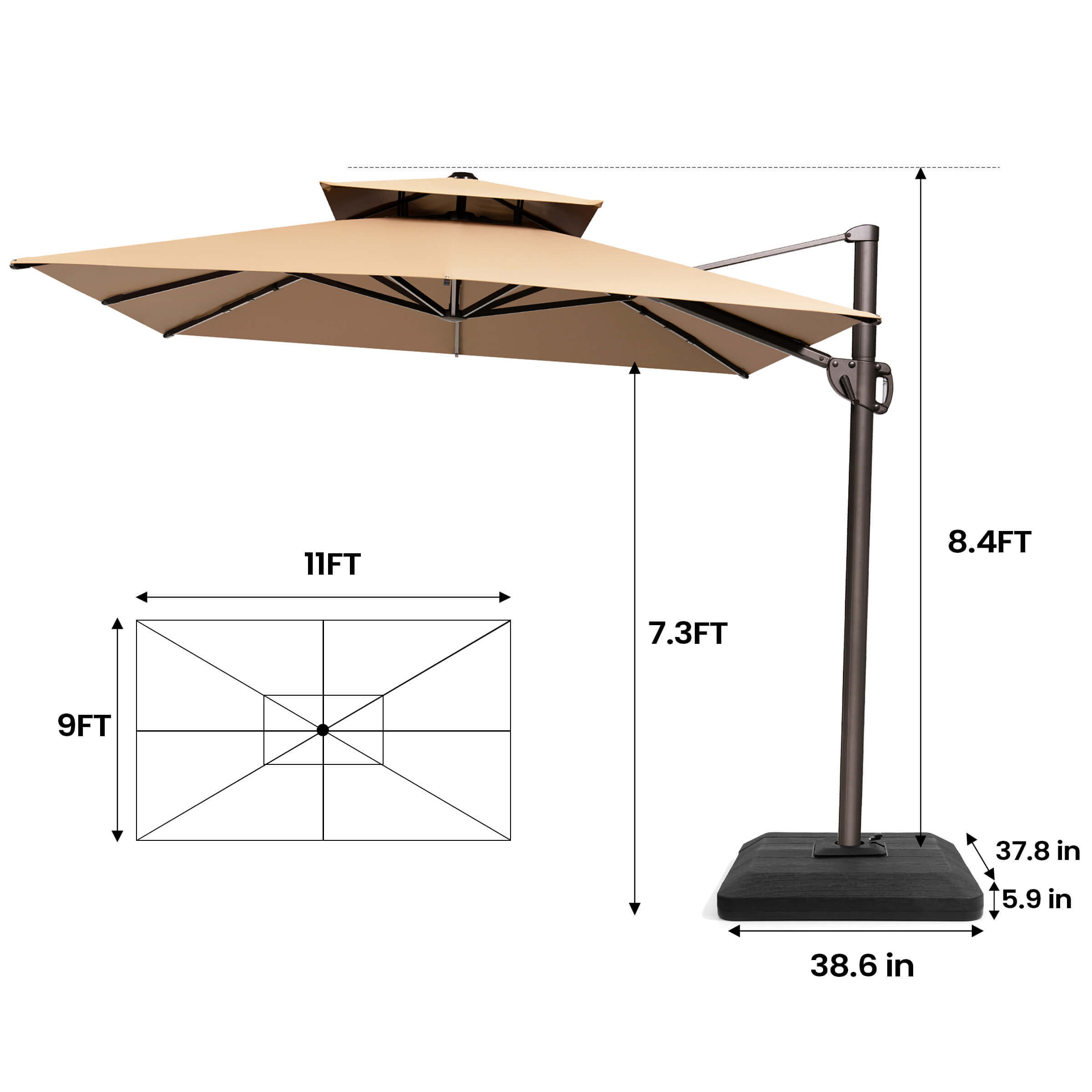 Pellebant 11x9ft Aluminum Double Top Crank Cantilever Patio Umbrella