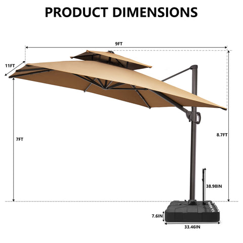 11 x 9 ft. Aluminum Double Top Cantilever Patio Umbrella with Base Options