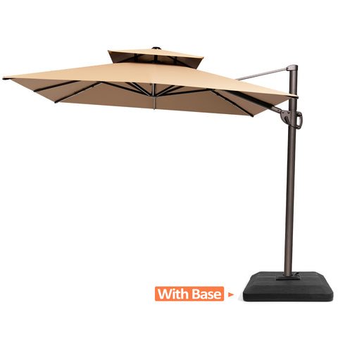 Pellebant 9x11ft Aluminum Double Top Crank Cantilever Patio Umbrella with Base