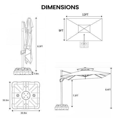 12 x 9 ft. Aluminum Dual Top Cantilever Patio Umbrella with Base Options