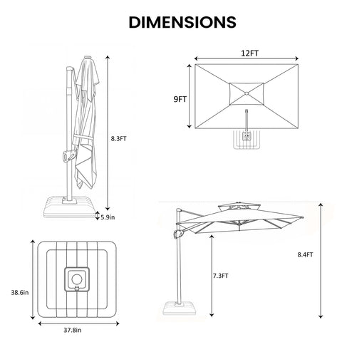 12 x 9 ft. Aluminum Dual Top Cantilever Patio Umbrella with Base Options