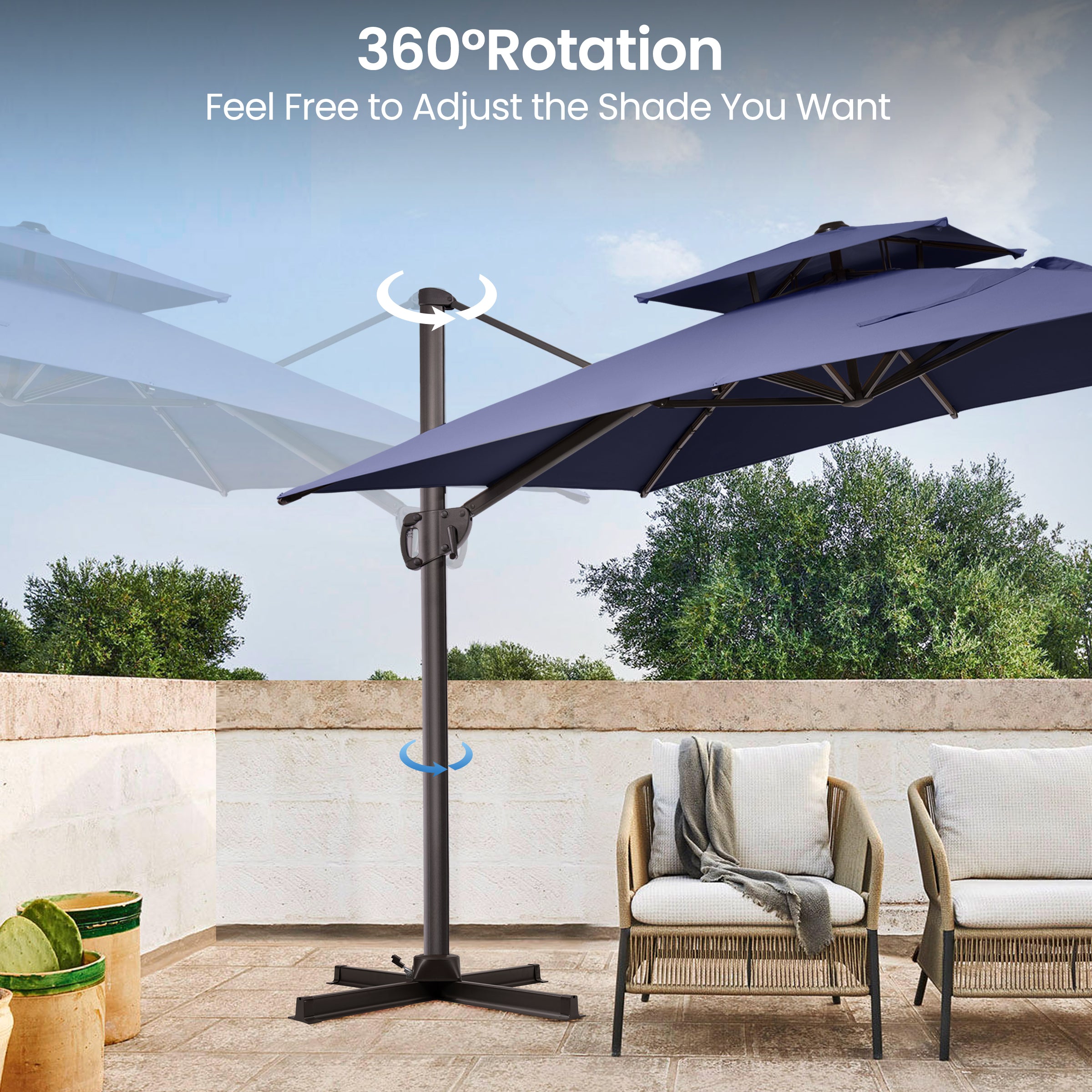 Pellebant 9x12ft Aluminum Dual Top Crank Cantilever Patio Umbrella