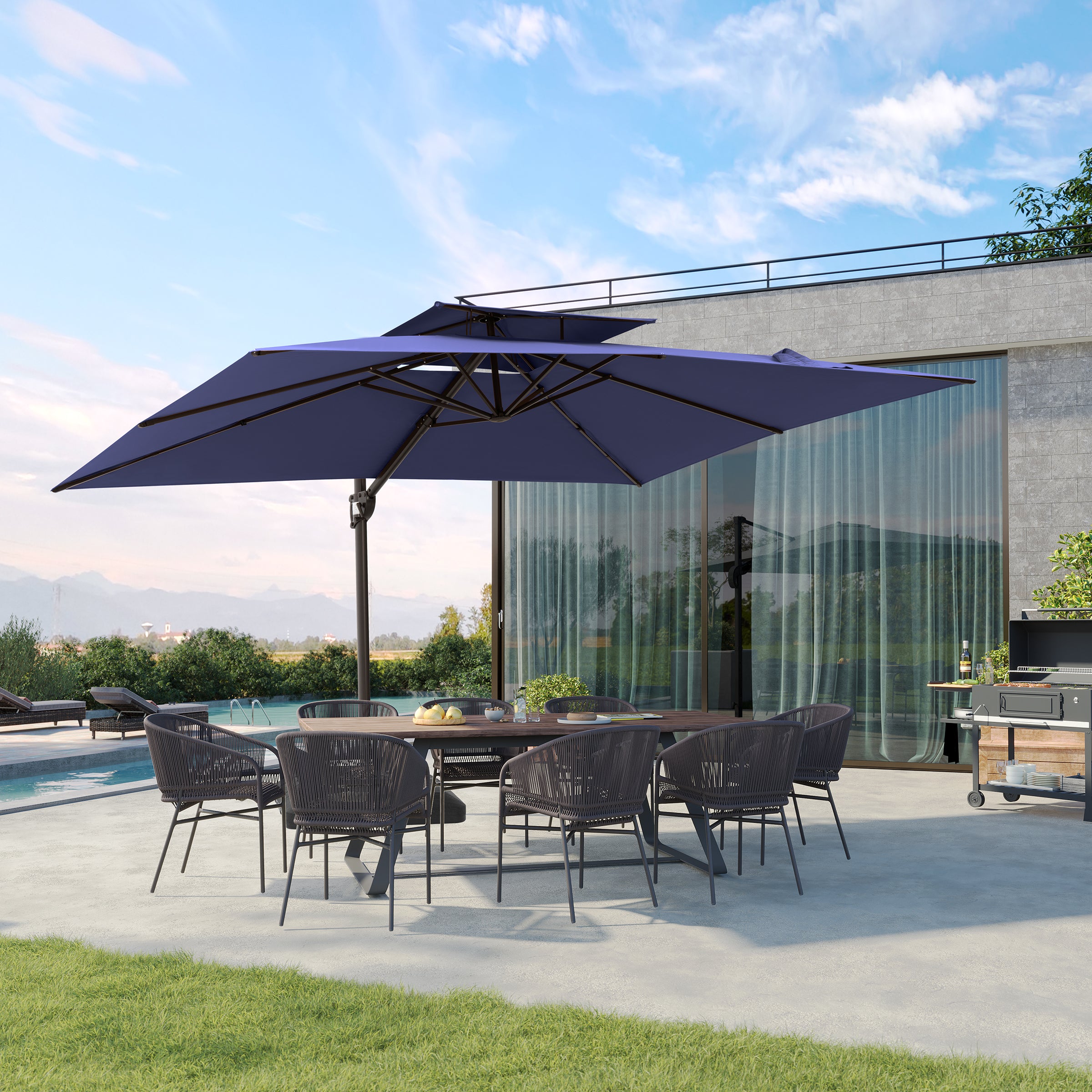 Pellebant 9x12ft Aluminum Dual Top Crank Cantilever Patio Umbrella