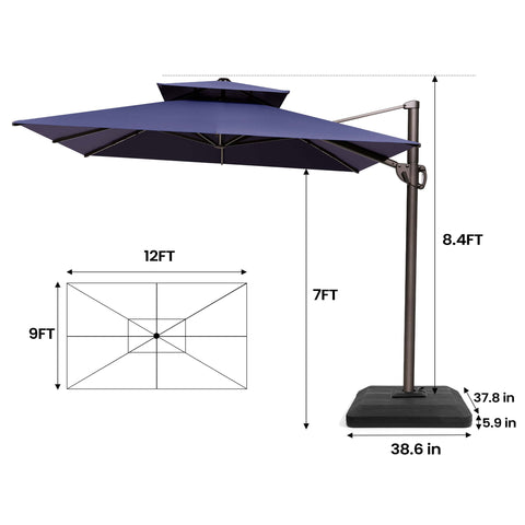 12 x 9 ft. Aluminum Dual Top Cantilever Patio Umbrella with Base Options