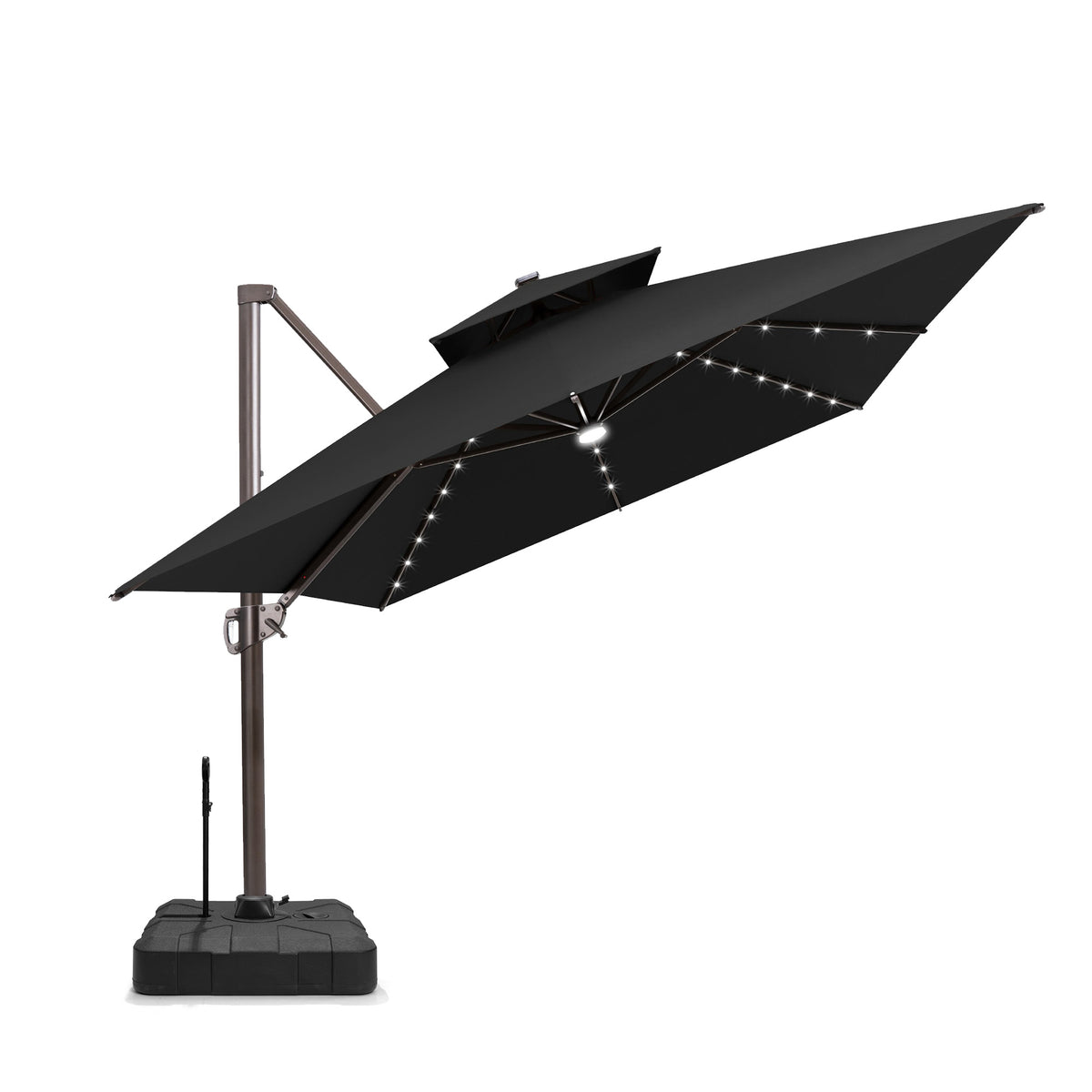 Pellebant 10x13ft Aluminum Crank Cantilever Patio Umbrella with Lights with Base