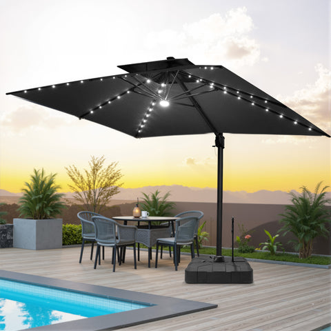 Pellebant 10x13ft Aluminum Crank Cantilever Patio Umbrella with Lights with Base
