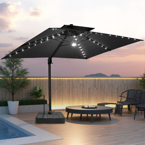 Pellebant 10x13ft Aluminum Crank Cantilever Patio Umbrella with Lights with Base