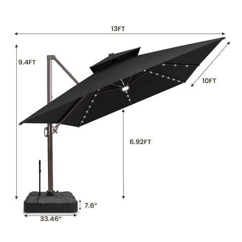 13 x 10 ft. Aluminum Double Top Cantilever Patio Umbrella with LED Lights and Base Options