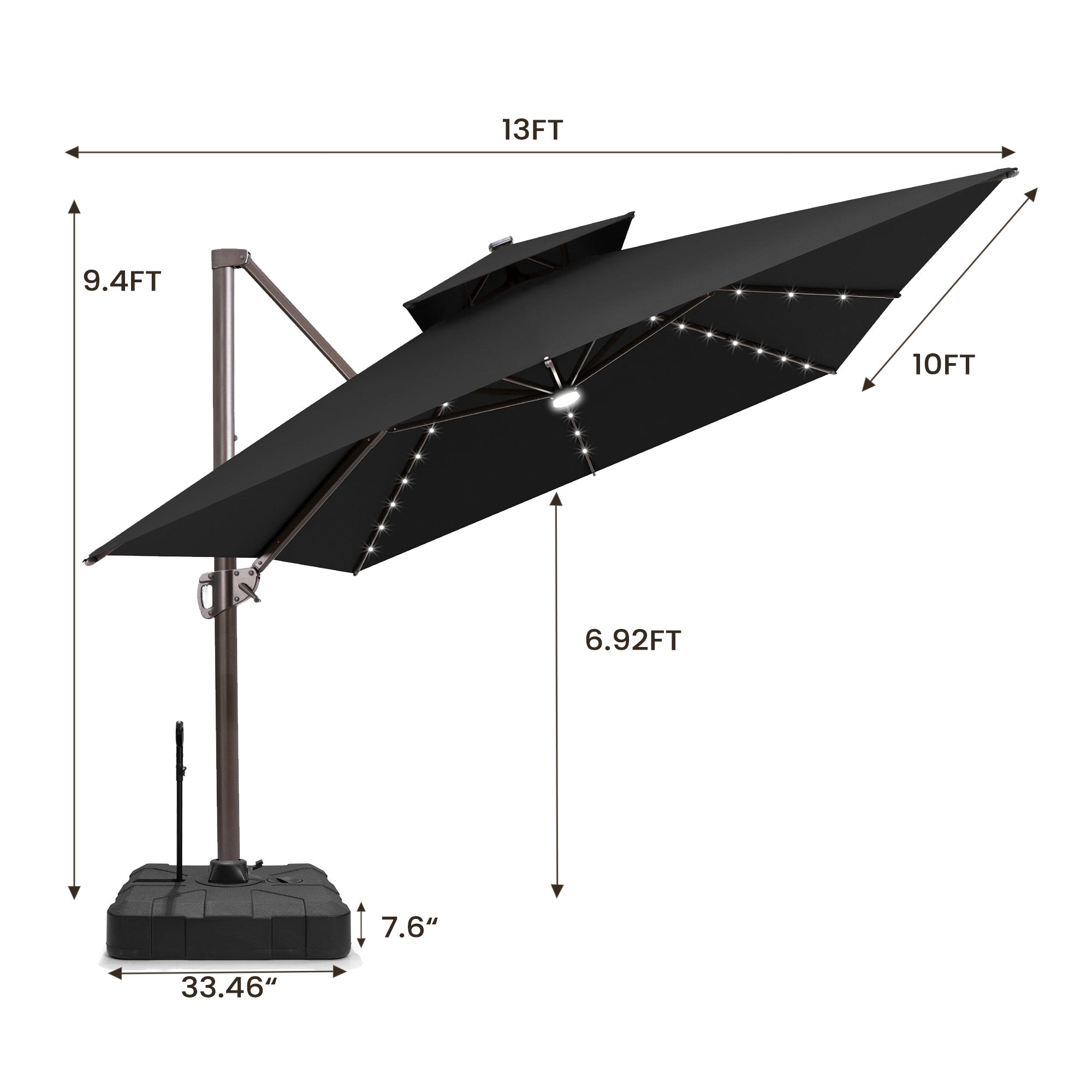 Pellebant 10x13ft Aluminum Crank Cantilever Patio Umbrella with Lights with Base