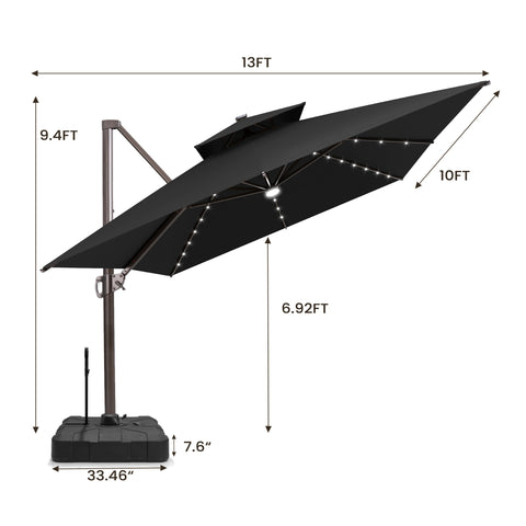Pellebant 10x13ft Aluminum Crank Cantilever Patio Umbrella with Lights with Base
