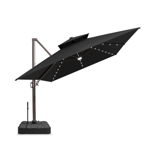 Pellebant 10x13ft Aluminum Crank Cantilever Patio Umbrella with Lights with Base