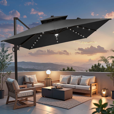 13 x 10 ft. Aluminum Double Top Cantilever Patio Umbrella with LED Lights and Base Options