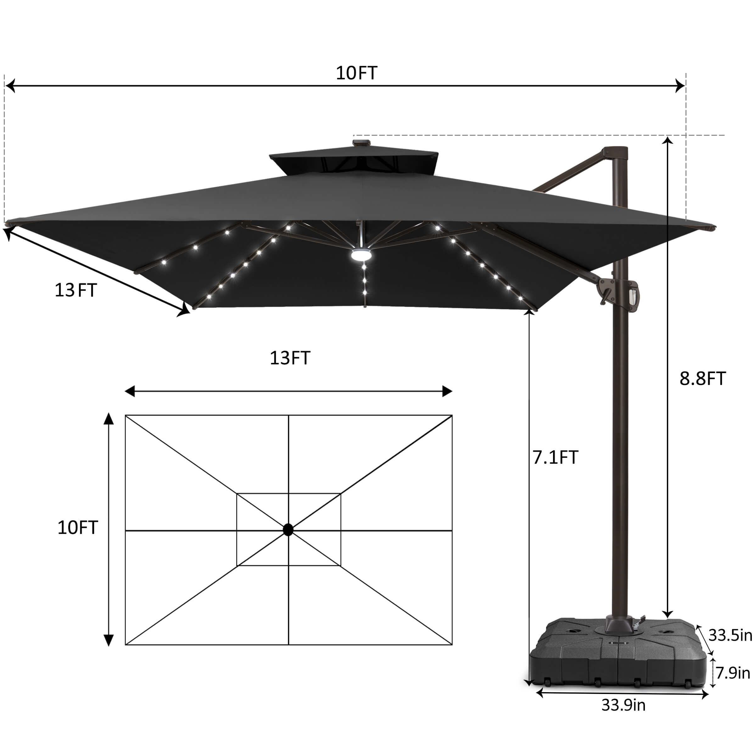 13x10 ft Aluminum Double Top LED Cantilever Umbrella 13x10 ft Aluminum Double Top LED Cantilever Umbrella