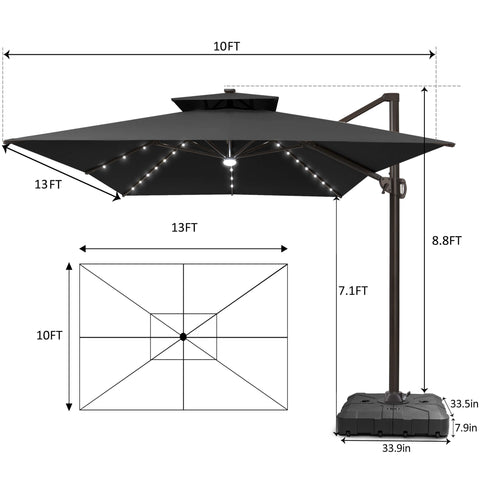 13 x 10 ft. Aluminum Double Top Cantilever Patio Umbrella with LED Lights and Base Options
