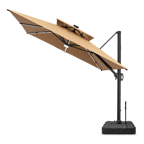 Pellebant 11 x 9 ft Aluminum Double Top Cantilever Patio Umbrella with LED Strip Lights and Base Options