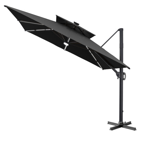 Pellebant 11 x 9 ft Aluminum Double Top Cantilever Patio Umbrella with LED Strip Lights and Base Options