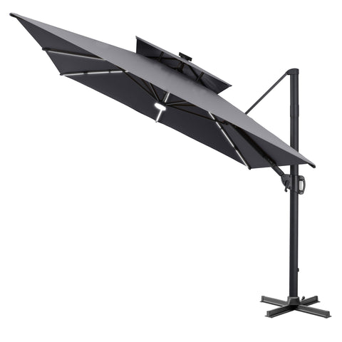 Pellebant 11 x 9 ft Aluminum Double Top Cantilever Patio Umbrella with LED Strip Lights and Base Options