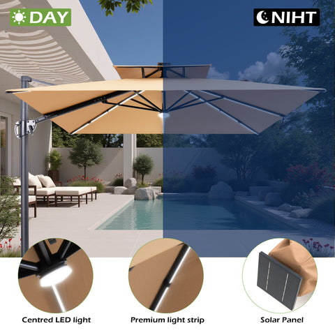 Pellebant 11 x 9 ft Aluminum Double Top Cantilever Patio Umbrella with LED Strip Lights and Base Options