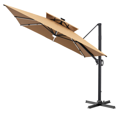 Pellebant 11 x 9 ft Aluminum Double Top Cantilever Patio Umbrella with LED Strip Lights and Base Options