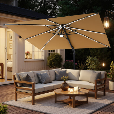 Pellebant 11 x 9 ft Aluminum Double Top Cantilever Patio Umbrella with LED Strip Lights and Base Options