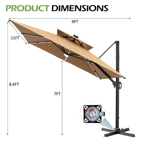 Pellebant 11 x 9 ft Aluminum Double Top Cantilever Patio Umbrella with LED Strip Lights and Base Options