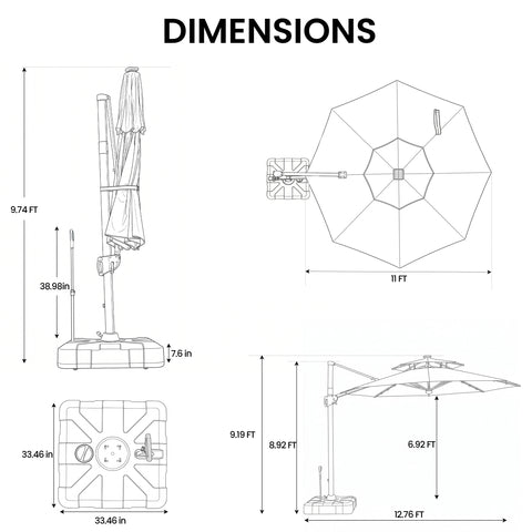 11 x 11 ft. Aluminum Double Top Cantilever Patio Umbrella with LED Lights and Base Options