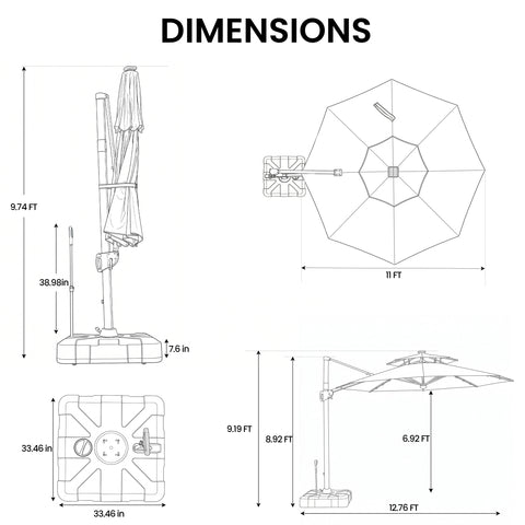11 x 11 ft. Aluminum Double Top Cantilever Patio Umbrella with LED Lights and Base Options