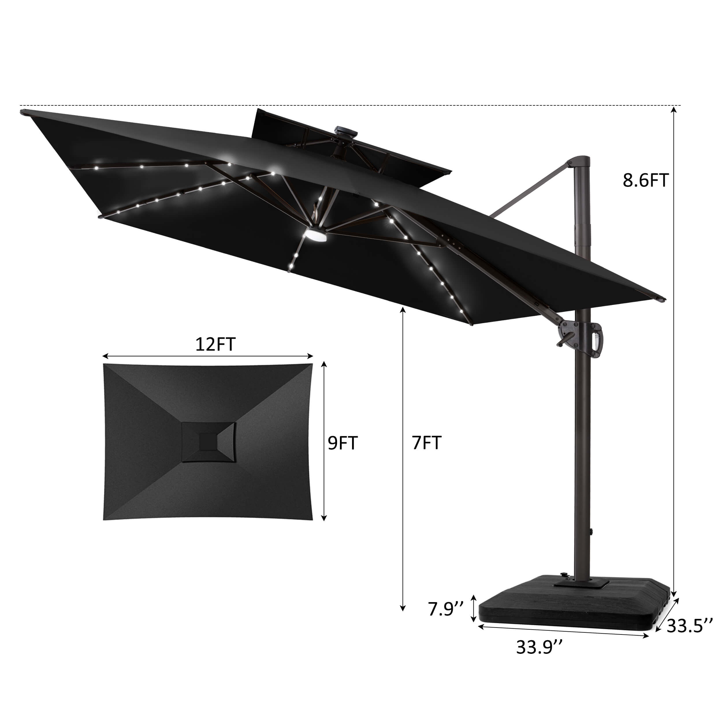 12x9 ft Aluminum Double Top LED Cantilever Umbrella