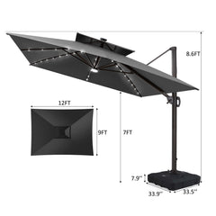 12 x 9 ft. Aluminum Double Top Cantilever Patio Umbrella with LED Lights and Base Options
