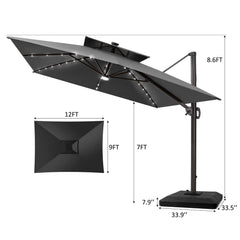 12 x 9 ft. Aluminum Double Top Cantilever Patio Umbrella with LED Lights and Base Options