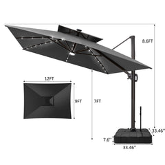 12 x 9 ft. Aluminum Double Top Cantilever Patio Umbrella with LED Lights and Base Options