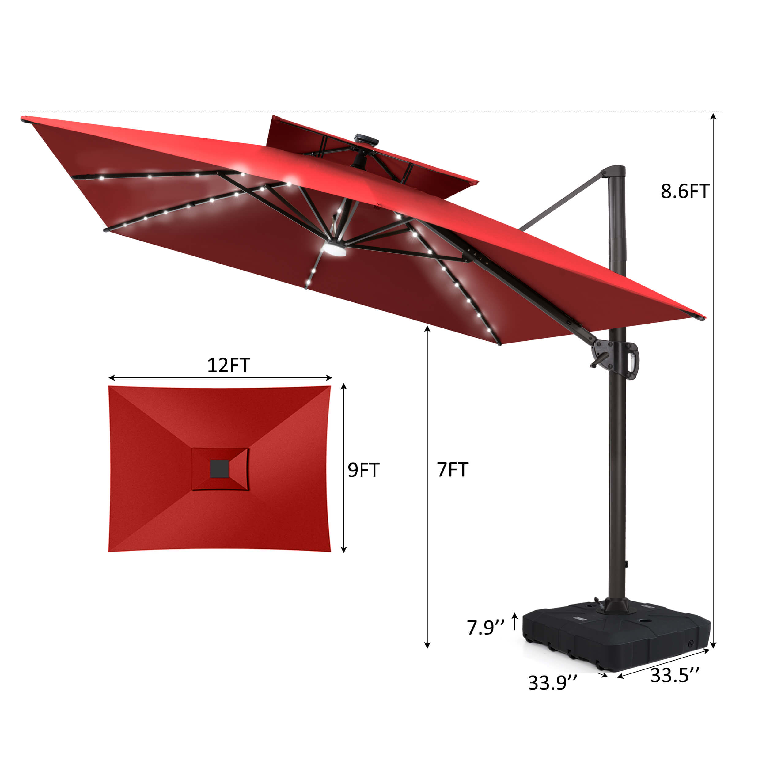 12x9 ft Aluminum Double Top LED Cantilever Umbrella