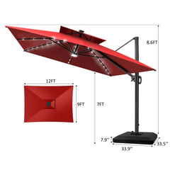 12 x 9 ft. Aluminum Double Top Cantilever Patio Umbrella with LED Lights and Base Options