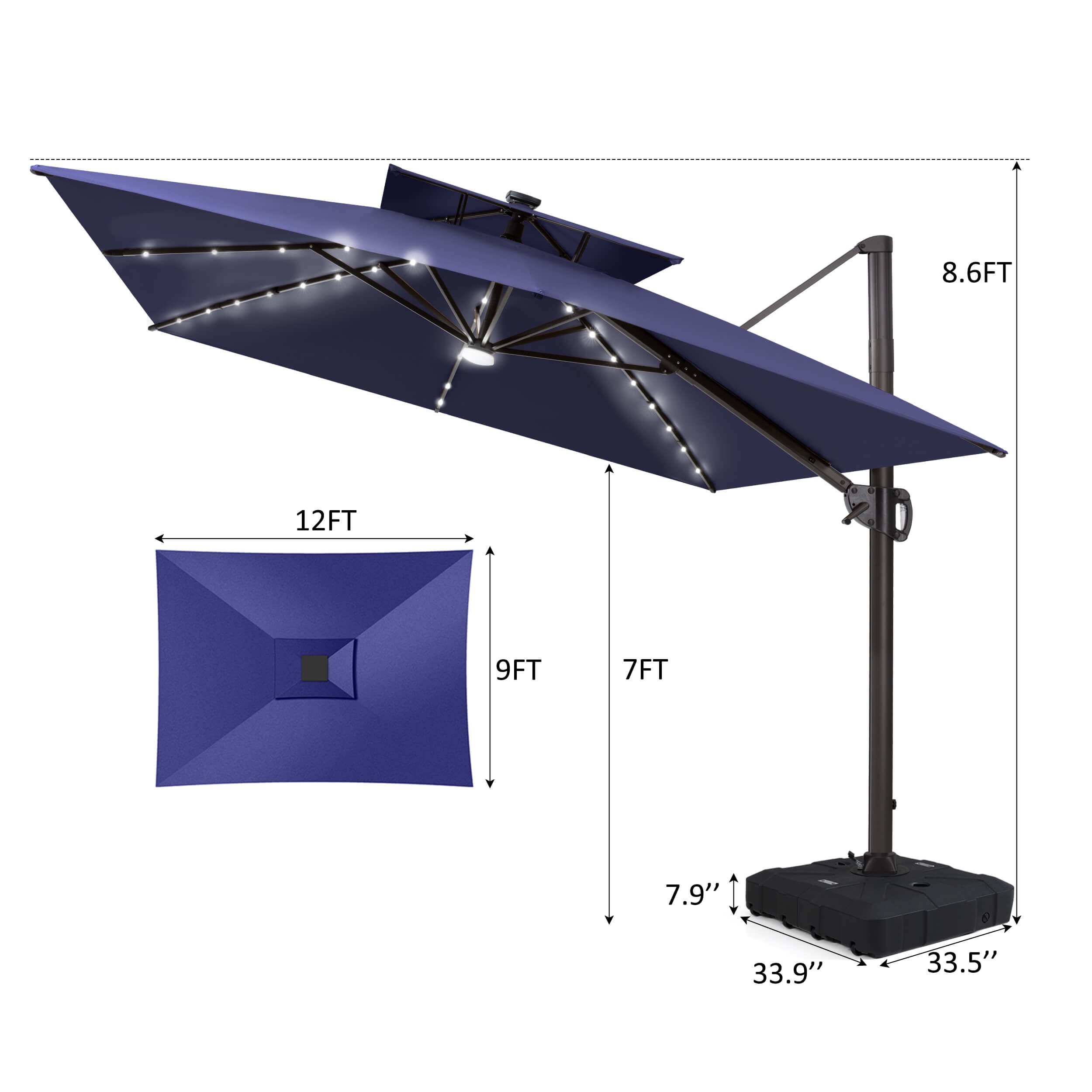 12x9 ft Aluminum Double Top LED Cantilever Umbrella