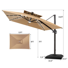 12 x 9 ft. Aluminum Double Top Cantilever Patio Umbrella with LED Lights and Base Options