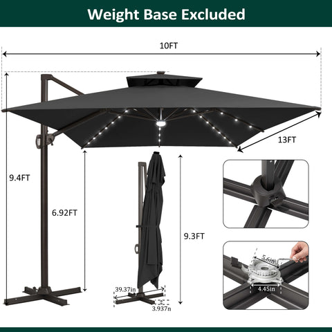 13 x 10 ft. Aluminum Double Top Cantilever Patio Umbrella with LED Lights and Base Options