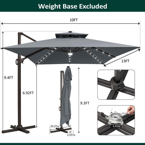 13 x 10 ft. Aluminum Double Top Cantilever Patio Umbrella with LED Lights and Base Options