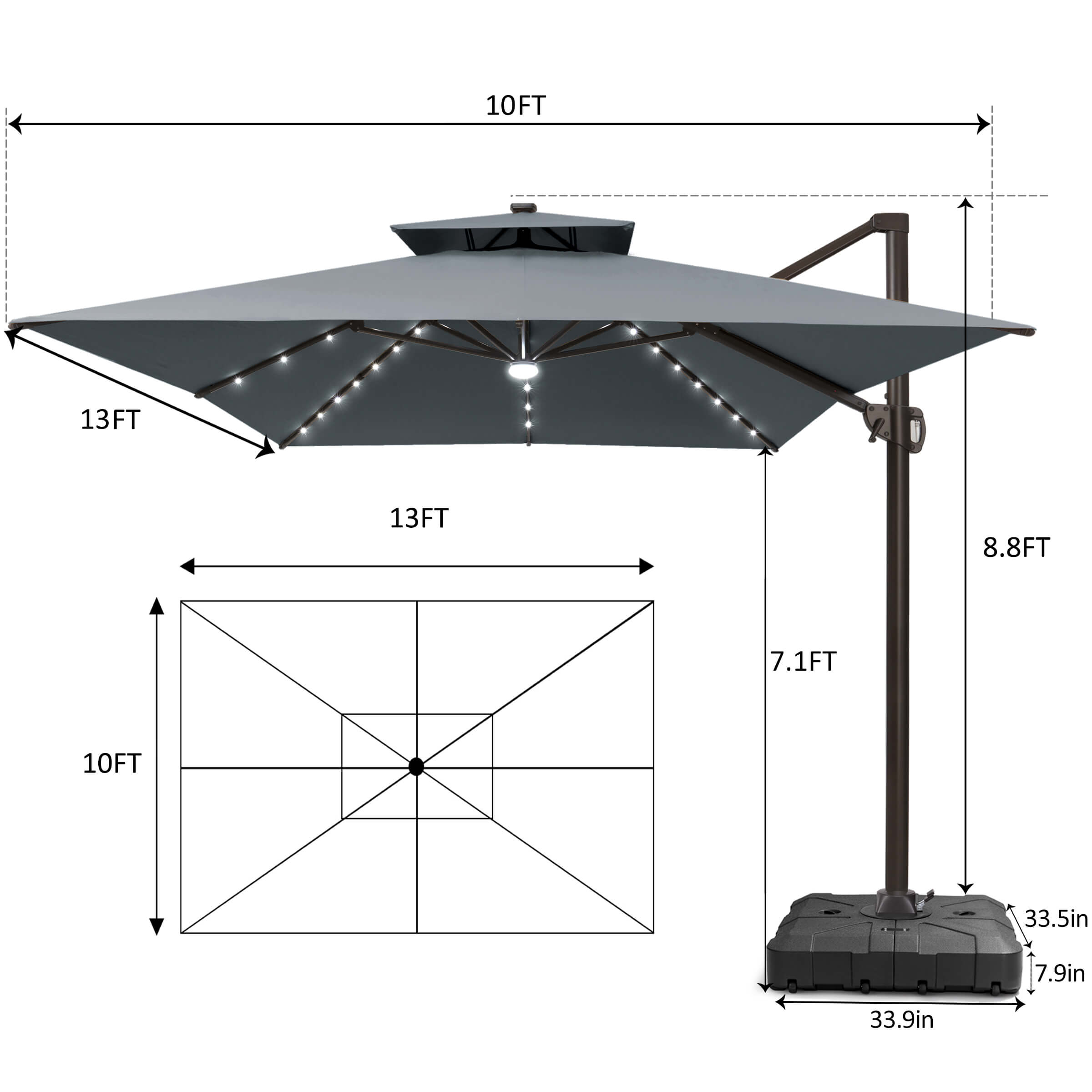 13x10 ft Aluminum Double Top LED Cantilever Umbrella 13x10 ft Aluminum Double Top LED Cantilever Umbrella