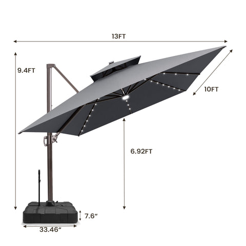 13 x 10 ft. Aluminum Double Top Cantilever Patio Umbrella with LED Lights and Base Options