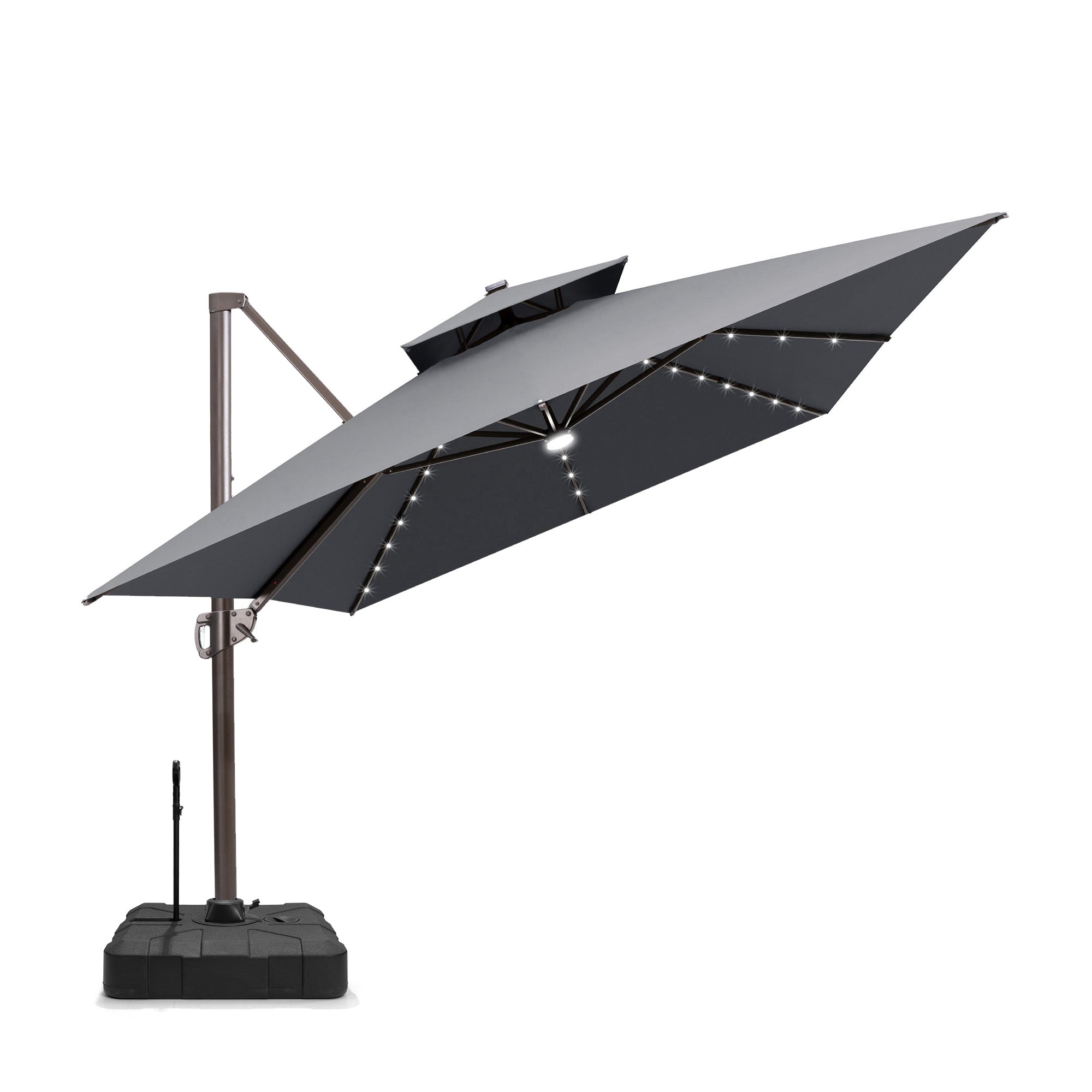 Pellebant 10x13ft Aluminum Crank Cantilever Patio Umbrella with Lights with Base