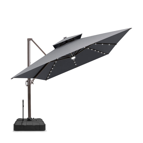 Pellebant 10x13ft Aluminum Crank Cantilever Patio Umbrella with Lights with Base