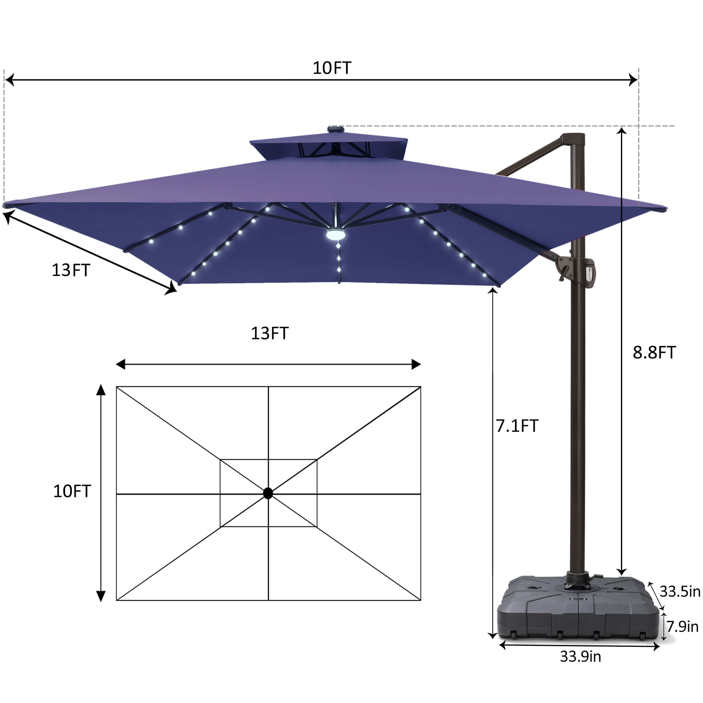 13x10 ft Aluminum Double Top LED Cantilever Umbrella 13x10 ft Aluminum Double Top LED Cantilever Umbrella